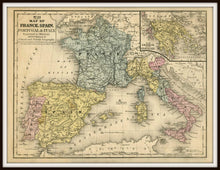 Load image into Gallery viewer, No.24 Map of France, Spain, Portugal & Italy Art Print Framed In A Simple Black Metal Frame