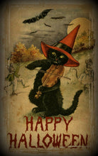 Load image into Gallery viewer, Vintage Halloween Fiddling Cat Art Print Dark Edges