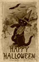 Load image into Gallery viewer, Vintage Halloween Fiddling Cat Art Print Sepia Color