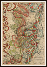 Load image into Gallery viewer, Cartographer Harold Fisk Mississippi River Map Fine Art Print Sheet 11 In A Simple Black Metal Frame