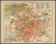 Load image into Gallery viewer, St. Petersburg Russia Vintage Map Print Framed In A Simple Black Metal Frame
