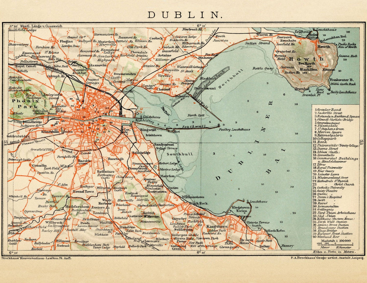 Dublin Ireland Vintage Map Fine Art Reproduction Print |1800s