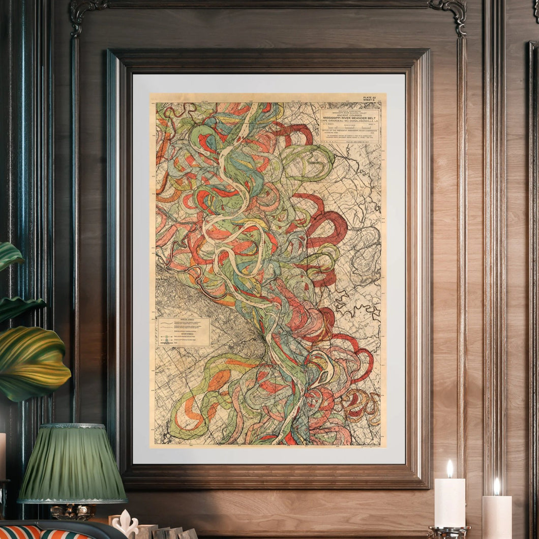 Harold Fisk Mississippi River Map Fine Art Print Sheet 6 Framed & Hung In A Library