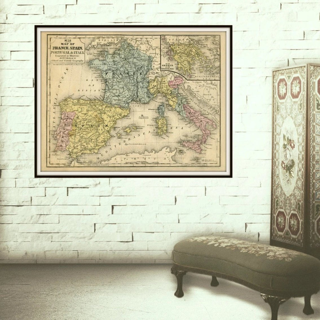 No.24 Map of France, Spain, Portugal & Italy Framed Hanging In A Boudoir