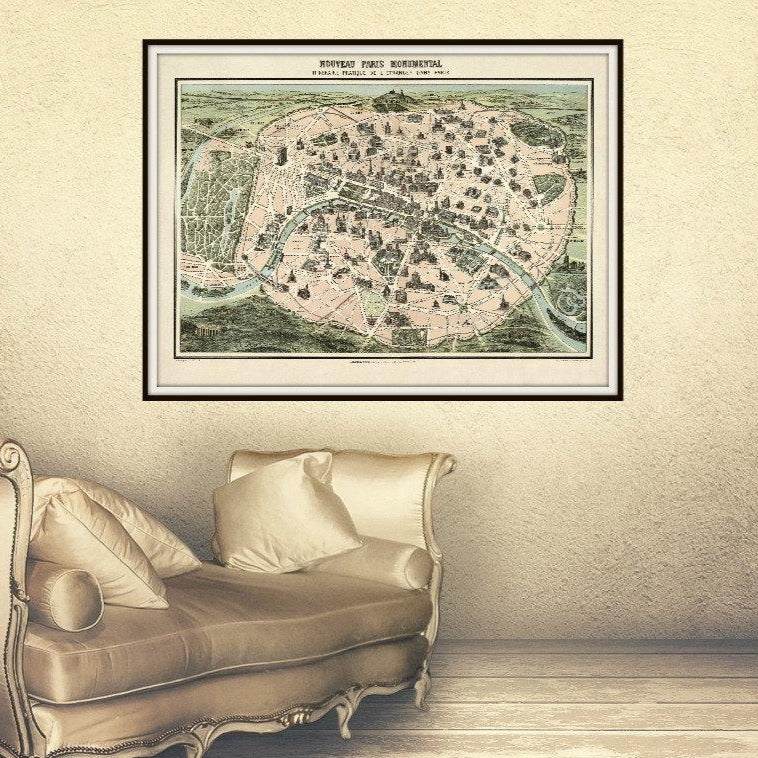 Nouveau Paris Monumental Vintage Map Print Framed Hanging In A Dressing Room