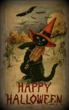 Load image into Gallery viewer, Vintage Halloween Fiddling Cat Art Print Dark Edges
