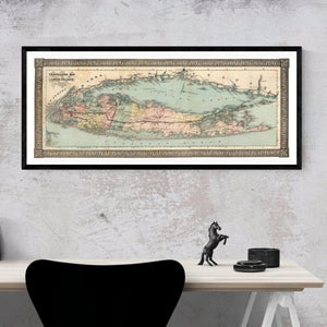 Vintage 1866 Long Island Travellers Map Framed Hanging Above A Desk
