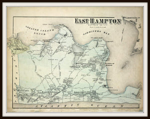 1873 Beer's Map Of East Hampton Fine Art Print Framed In A Simple Black Metal Frame