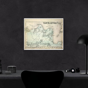 1873 Beer's Map Of East Hampton Print Framed Hanging On A Black Wall Above A Computer Desk