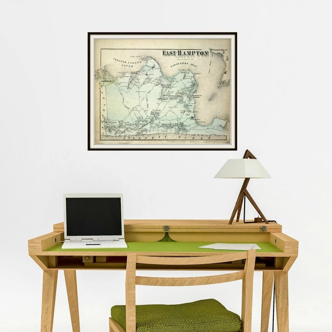 1873 Beer's Map Of East Hampton Print Framed Hanging Above A Computer Desk