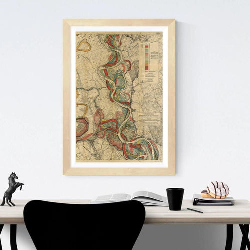 Harold Fisk Mississippi River Map Art Print Sheet 13 Framed & Hung Above A Desk