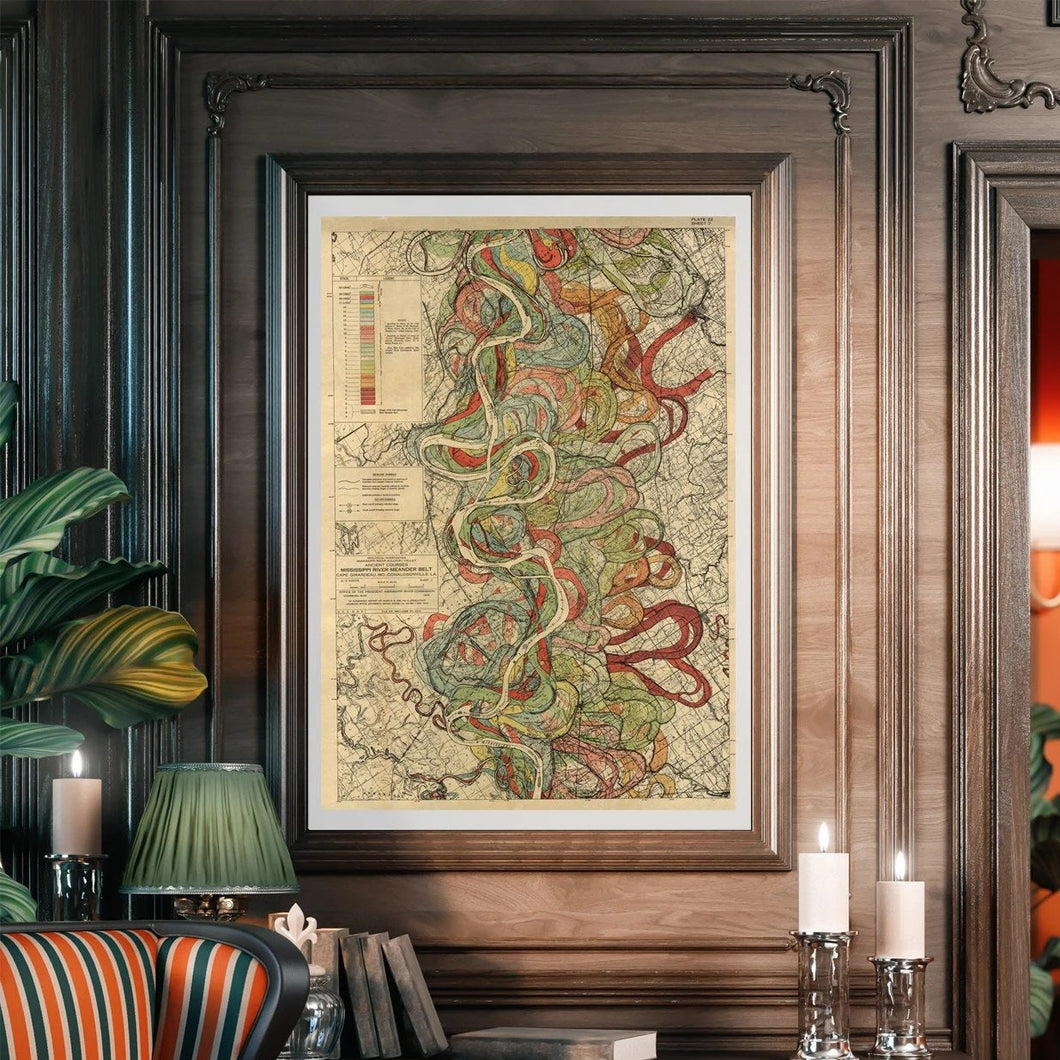 Harold Fisk Mississippi River Map Sheet 7 Framed Hanging In A Library