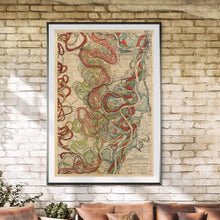 Load image into Gallery viewer, Cartographer Harold Fisk Mississippi River Map Fine Art Print Sheet 11 Framed &amp; Hanging In A Sunroom
