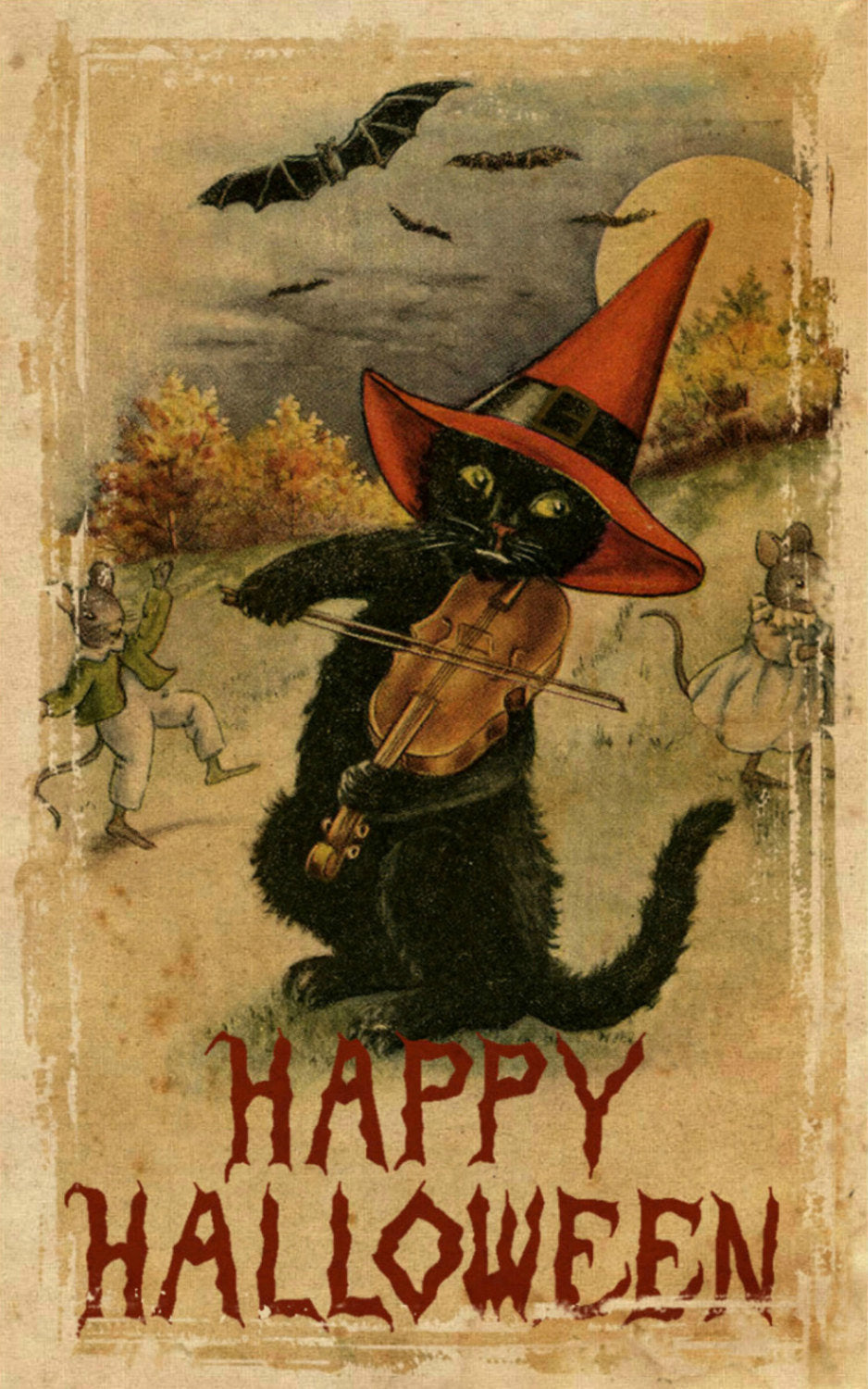 Vintage Halloween Fiddling Cat Art Print Normal Color
