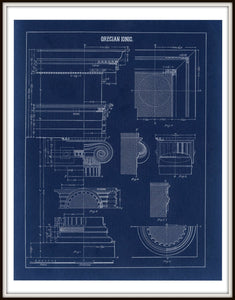 Grecian Ionic Column Parts Blueprint Architectural Drawing Art Print Framed