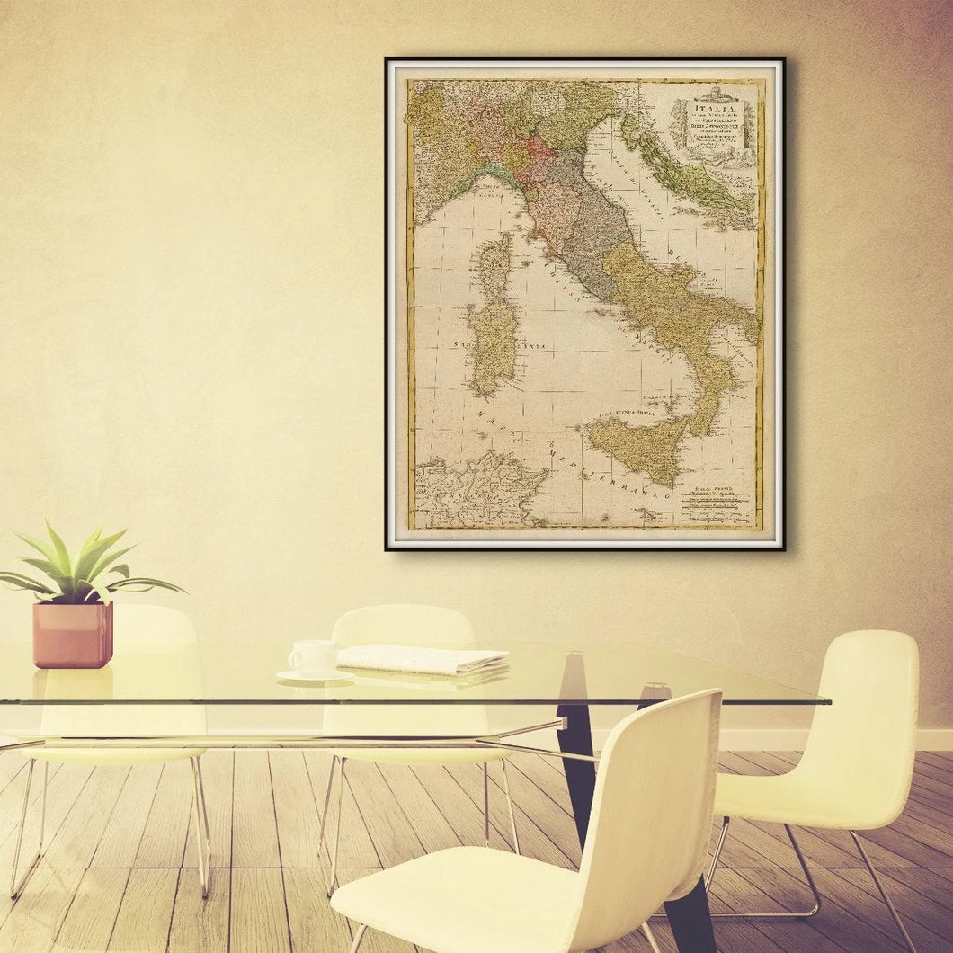 Vintage Italy Map Print From 1790 Framed & Hanging In A Conference Room
