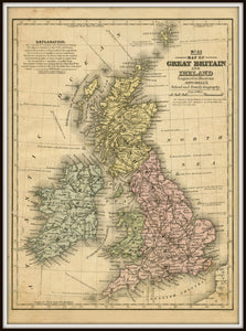 1852 Vintage Ireland & Great Britain Map Print Reproduction In A Simple Black Metal Frame