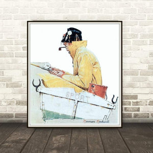 Norman Rockwell Sport Fishing Print Framed Leaning Against The Wall